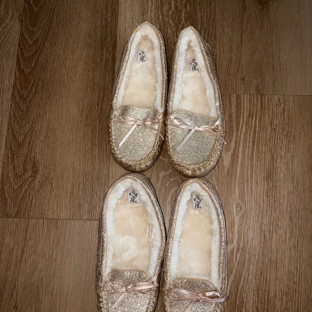 2 Pairs SELF ESTEEM Toddler Girls Glitter Moccasin Shoes Gold Flats Sizes 3 & 4